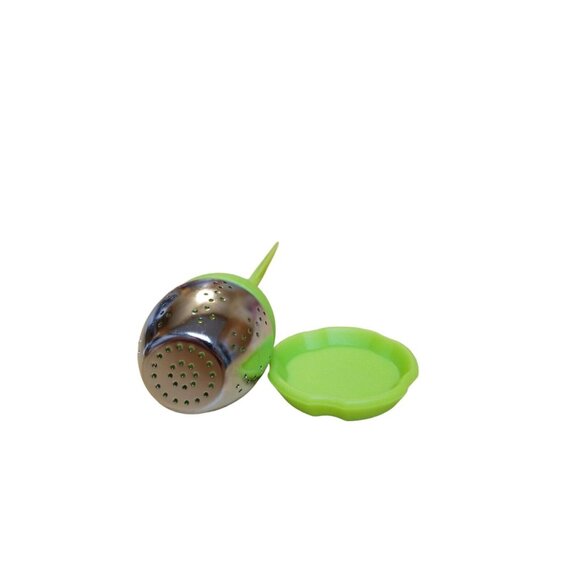 Tea Infuser Silicone Green Leaf Handle Stainless Steel Strainer With Drip Tray - Picture 4 of 6